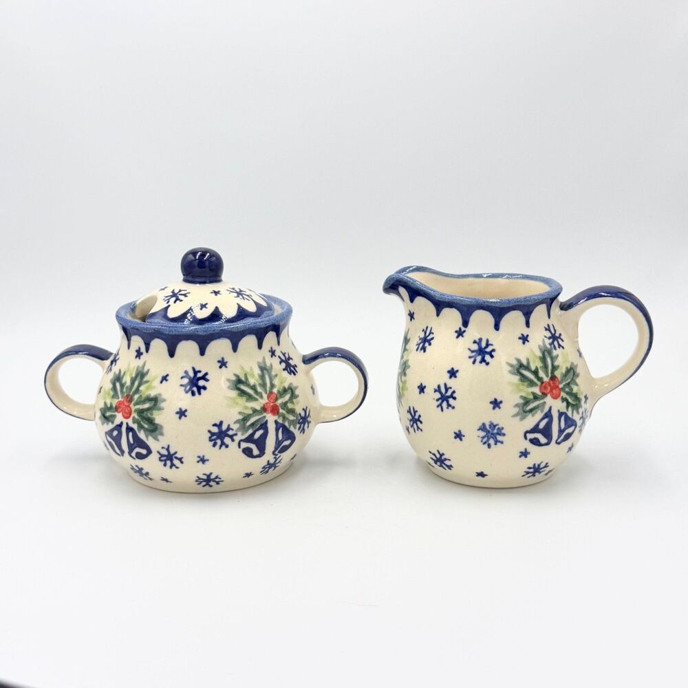 Wiza Polish Pottery Christmas Sugar Bowl Creamer Set Snowflakes Holly Bells